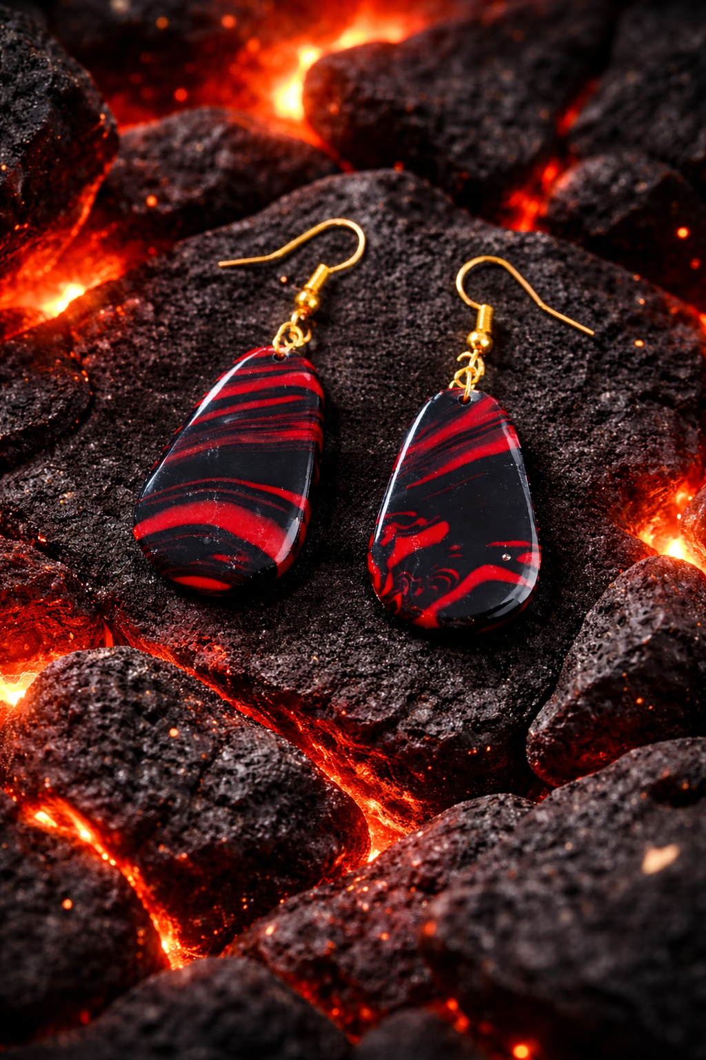 Boucles d'oreilles rouge et noir gouttes organiques
