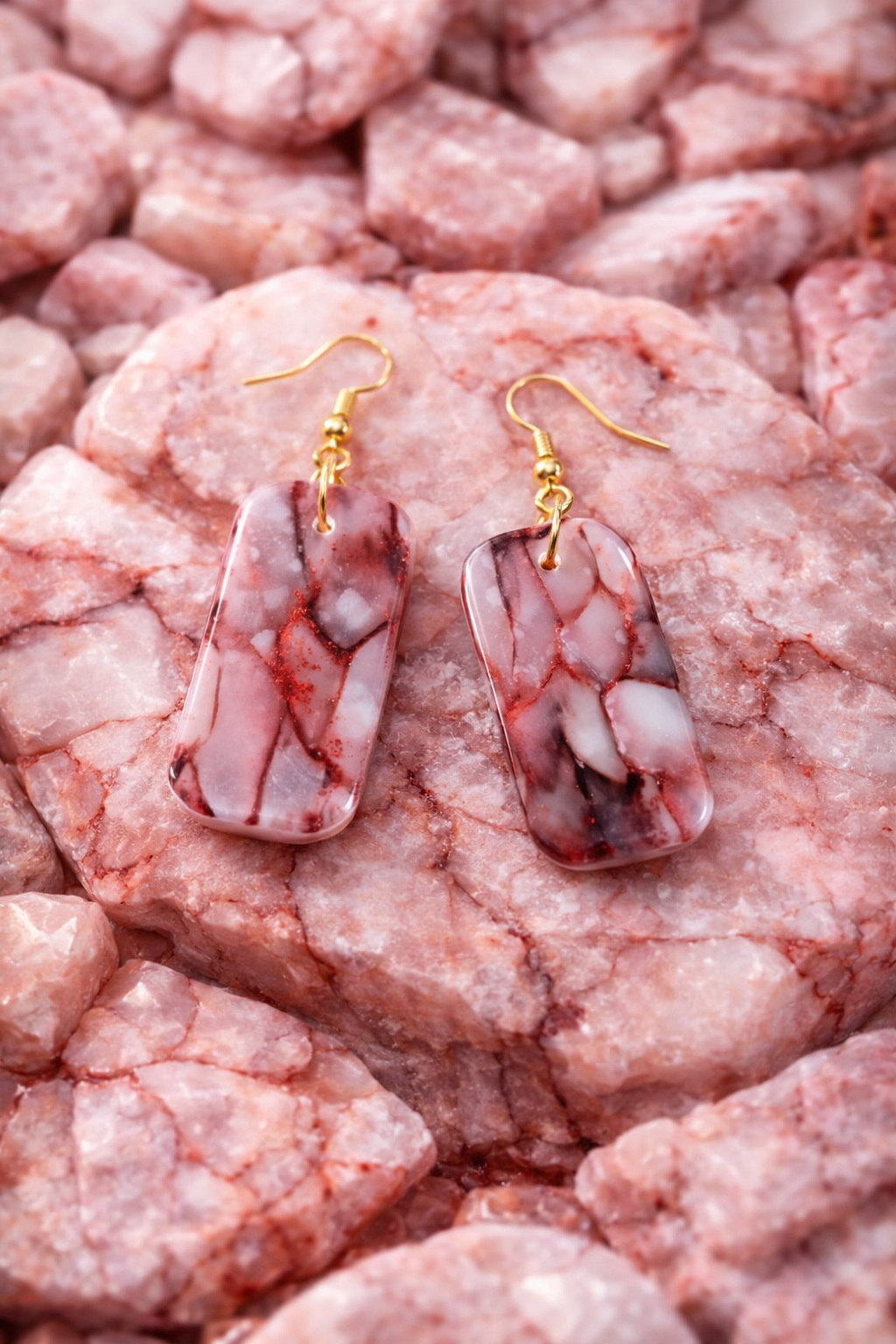 boucles d'oreilles marbré translucides rouge veineuse rectangulaire